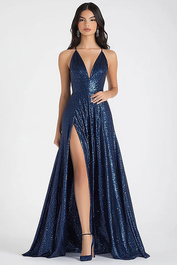 Sparkly Navy A-Line Spaghetti Straps Sequins Long Prom Dress with Slit